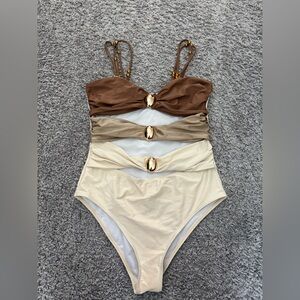 Brown and Cream Colorblock Swimsuit - removable straps